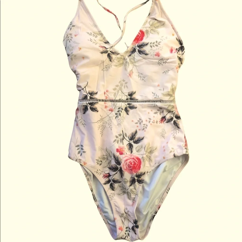 One Piece Feminine Swimsuit Sz. S Pastel Pink Floral Print Padded Bra